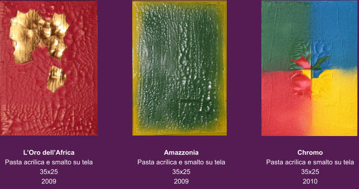 L’Oro dell’Africa Pasta acrilica e smalto su tela 35x25 2009 Amazzonia Pasta acrilica e smalto su tela 35x25 2009 Chromo Pasta acrilica e smalto su tela 35x25 2010